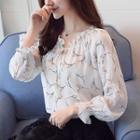 Frilled Trim Patterned Chiffon Blouse