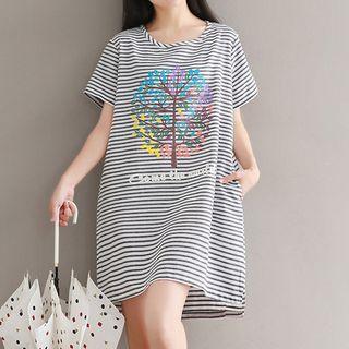 Printed Pinstriped Short Sleeve T-shirt Dress