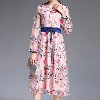 Flower Embroidered Long Sleeve Midi Mesh Dress