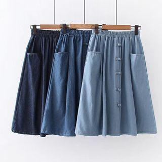 Frog Buttoned Midi A-line Denim Skirt
