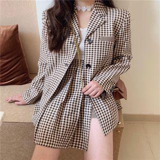 Single Breast Plaid Blazer / High-waist Plaid Split Hem Skirt