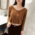 Perforated Cable Knit Cropped Sweater Brown - One Size