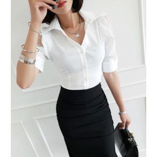 Open-placket Sheer-sleeve Blouse