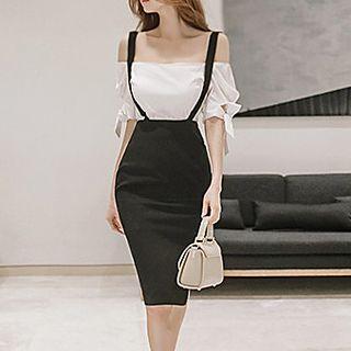 Plain Off Shoulder Short Sleeve Top / Suspender Midi Skirt