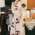 Balloon-sleeve Velvet Floral Midi A-line Dress
