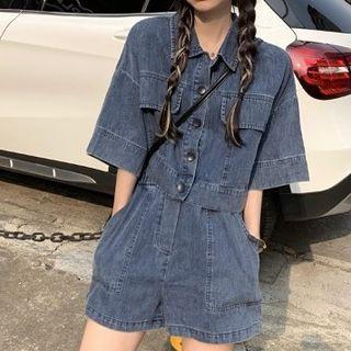 Elbow-sleeve Denim Crop Shirt / Wide Leg Shorts