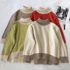 Color-block Asymmetric Turtle-neck Long-sleeve Sweater