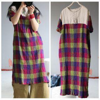 Short-sleeve Plaid Panel Midi Dress Purple & Green - One Size