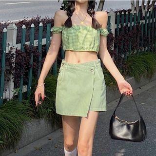 Off-shoulder Gingham Crop Top / Asymmetrical Skort