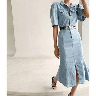 Half-placket Denim Mermaid Dress With Belt