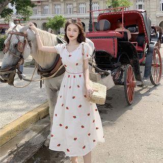 Strawberry Embroidered Puff-sleeve A-line Midi Dress As Shown In Figure - One Size
