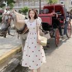 Strawberry Embroidered Puff-sleeve A-line Midi Dress As Shown In Figure - One Size