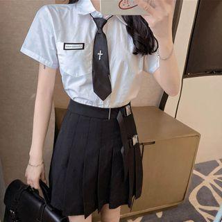 Set: Short-sleeve Shirt + Necktie + Pleated Mini A-line Skirt