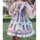 3/4-sleeve Frill Trim Chiffon Top / Sleeveless Printed A-line Dress