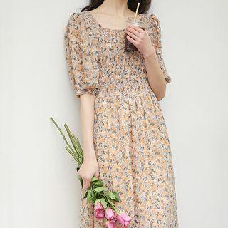 Puff-sleeve Floral Print Midi A-line Dress Floral Print - Light Orange - One Size