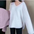 Long-sleeve V-neck Fleece Loose-fit Top