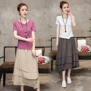 Set: Asymmetric Short-sleeve T-shirt + Tiered Midi Skirt