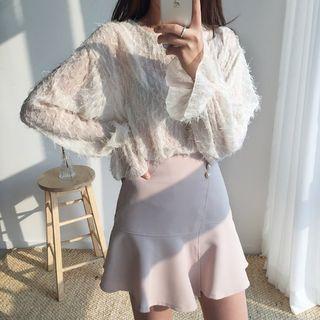 Frilled-cuff Fringe-trim Long-sleeve Top
