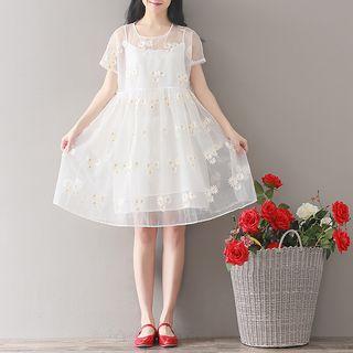 Flower Embroidered Short Sleeve Mesh Dress With Slipdress