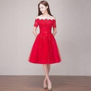 Short-sleeve Off Shoulder Lace Panel Cocktail Dress
