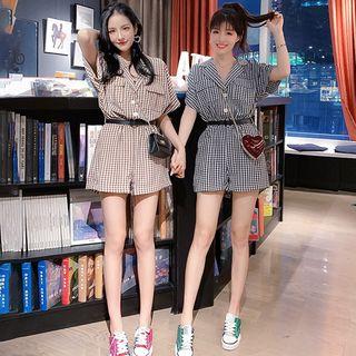 Elbow-sleeve Gingham Wide-leg Playsuit