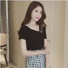 Set: Plain Short-sleeve T-shirt + Plaid Shorts