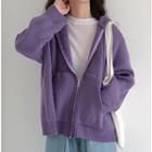 Long-sleeve Plain Hooded Zipped Jacket Purple - One Size