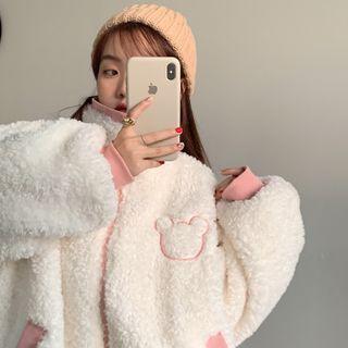 Color-block Bear Print Fleece Jacket White - One Size