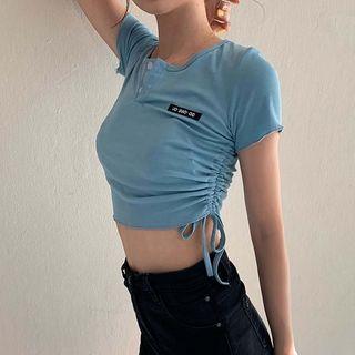 Buttoned Drawstring Short-sleeve Crop T-shirt Grayish Blue - One Size