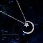 925 Sterling Silver Rhinestone Moon And Star Necklace