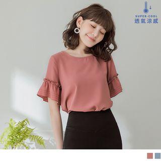 Ruffle Neck Plain Round Neck Chiffon Top