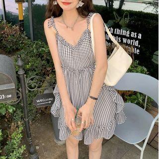 Lace Light Jacket / Spaghetti Strap Check Frill Trim A-line Dress