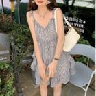 Lace Light Jacket / Spaghetti Strap Check Frill Trim A-line Dress
