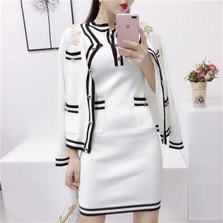 Short Sleeve Knit Dress + Cardigan White - One Size