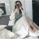 Long-sleeve Plain Midi A-line Dress / Button-up Cable-knit Vest / Set