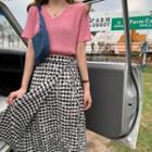 Short-sleeve Plain Knit Top / Floral Printed Plaid Wrapped Skirt