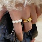 Set Of 2 : Faux Pearl Ring + Alloy Open Ring Set Of 2 - Ring - Gold - One Size