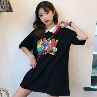 Cartoon Print Short-sleeve Collared Dress Black - One Size