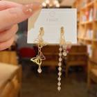 Butterfly Rhinestone Asymmetrical Alloy Dangle Earring E1329 - 1 Pair - Gold - One Size