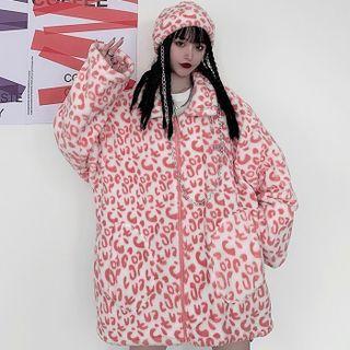 Leopard Print Fleece Jacket Pink - One Size