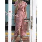 V-neck Flower Print Lace-up Dress