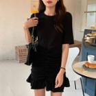 Elbow-sleeve Ruffle Hem Mini Sheath Dress Black - One Size