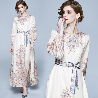 Balloon-sleeve Paisley Print Midi A-line Dress