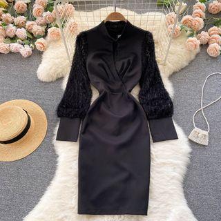 Puff-sleeve Fringed Midi Sheath Dress