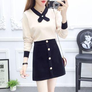 Set: Contrast Bow-neck Knit Top + Buttoned A-line Skirt