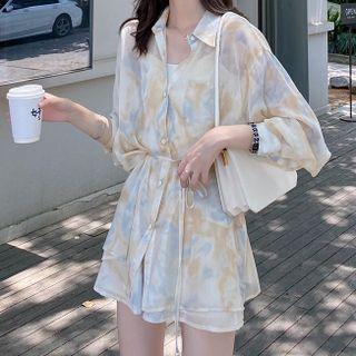 Set: Long-sleeve Tie-dye Print Shirt + Wide-leg Shorts