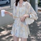 Set: Long-sleeve Tie-dye Print Shirt + Wide-leg Shorts