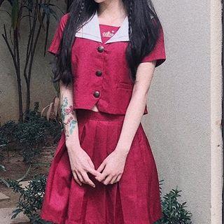 Set: Sailor Short-sleeve Shirt + Pleated Skirt