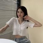 Short-sleeve Eyelet Cropped Cardigan