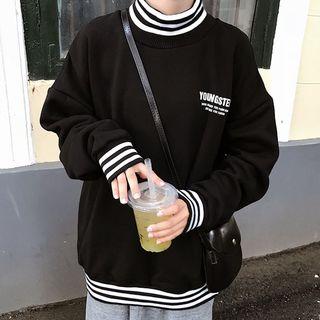 Mock Turtleneck Striped Panel Lettering Pullover